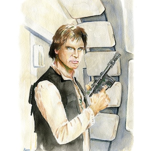 May include: A watercolor painting of Han Solo from Star Wars. He is wearing a brown vest and a white shirt. He is holding a blaster in his right hand and looking directly at the viewer. The background is a light brown and gray.