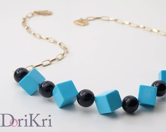 Geometric necklace, blue and black cubical square beads necklace, optical illusion necklace, modern jewelry, math jewelry gift
