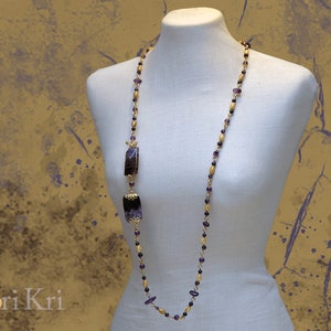 Purple amethysts long stone necklace. Aquarius birthstone amethyst purple and golden necklace. Zodiac necklace February stone. Birthday gift