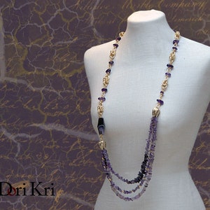 Victorian style amethyst february birthstone necklace set with bracelet and earrings. Purple long statement necklace set image 1