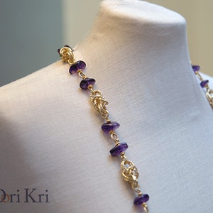 Victorian style amethyst february birthstone necklace set with bracelet and earrings. Purple long statement necklace set image 3