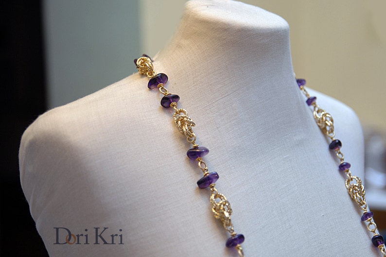 Victorian style amethyst february birthstone necklace set with bracelet and earrings. Purple long statement necklace set image 3