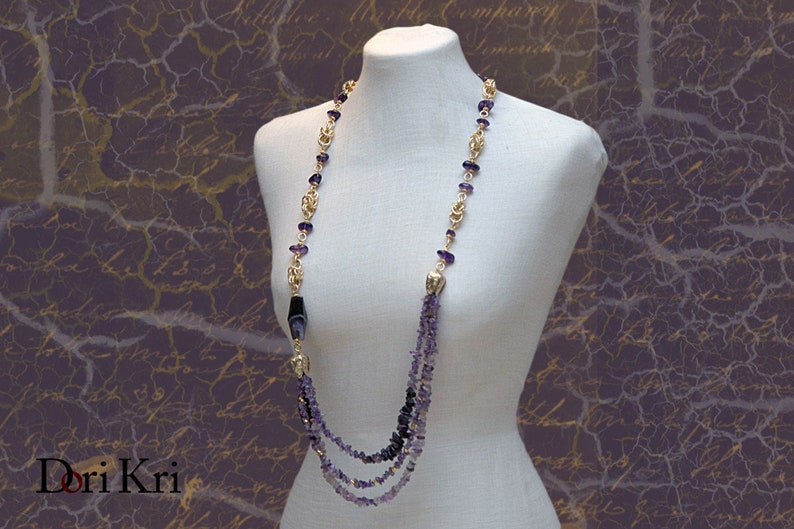 Victorian style amethyst february birthstone necklace set with bracelet and earrings. Purple long statement necklace set image 1