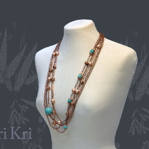 Long multistrand layered chain necklace with copper and turquoises beads. Long blue stone chain necklace. Stone jewelry. Stone necklace.