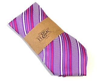 Heren Purple en Pink Gestreepte Zijden Stropdas met Microfiber Tip