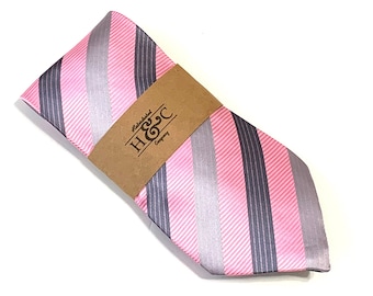 Men's Pink and Grey Striped Silk Necktie with Microfiber Tip