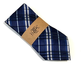 Men's Black and Blue Plaid Silk Necktie with Microfiber Tip