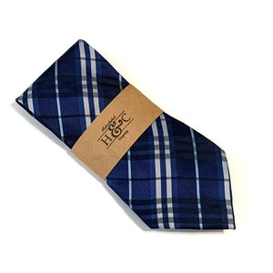 Men&#39;s Black and Blue Plaid Silk Necktie with Microfiber Tip