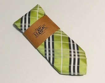 Men's Lime Green Plaid Silk Necktie with Microfiber Tip