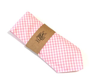 Pink Gingham Polka Dot Men's Necktie with Microfiber Tip