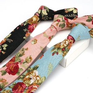 Aqua Floral Skinny Linen Tie | Floral Necktie with Microfiber Tip