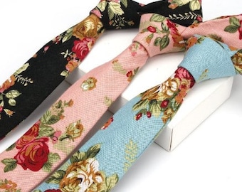 Aqua Floral Skinny Linen Tie | Floral Necktie with Microfiber Tip