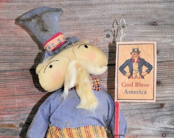 Primitive Uncle Sam With God Bless America Flag