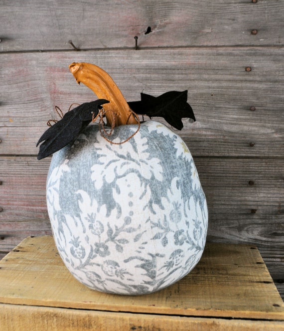 REDUCED! Farmhouse Style One-of-a-kind Gray, Cream & Mustard Pumpkin