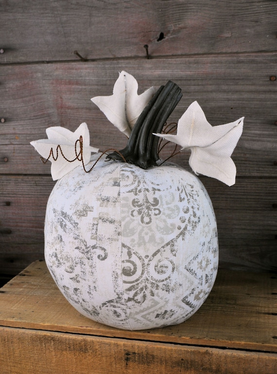 REDUCED! Farmhouse Style One-of-a-kind Gray, Antique White & Taupe Pumpkin