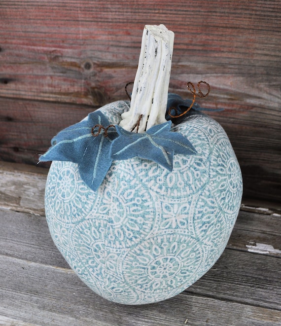 REDUCED! Farmhouse Style One-of-a-kind Aqua & Cream Pumpkin