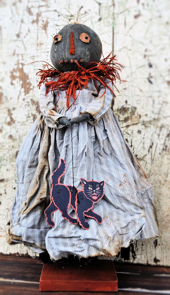 Primitive Pumpkin Doll with Vintage Style Black Cat
