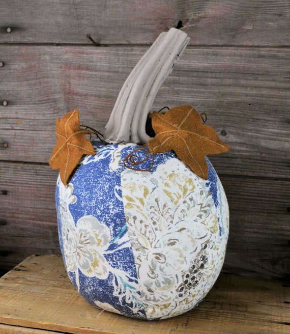 Farmhouse Style One-of-a-kind Denim Blue, Mustard & Antique White Pumpkin