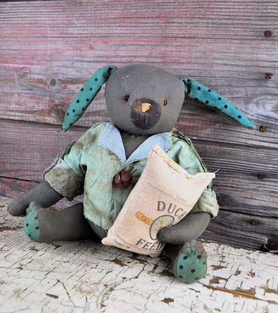 Primitive Gray Boy Bunny with Feed Bag