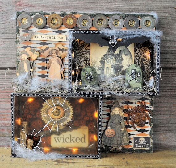 NEW! Primitive OOAK Lighted Halloween Vignette Box