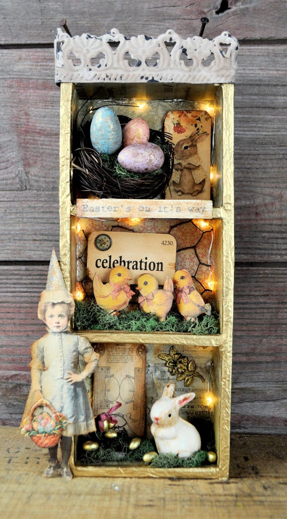 NEW! OOAK Lighted Primitive Easter Vignette Box