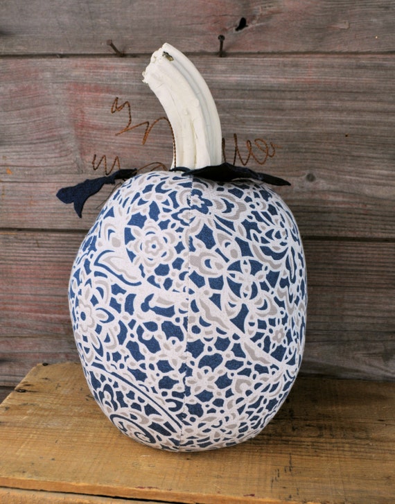 REDUCED! Farmhouse Style One-of-a-kind Blue & Cream Pumpkin