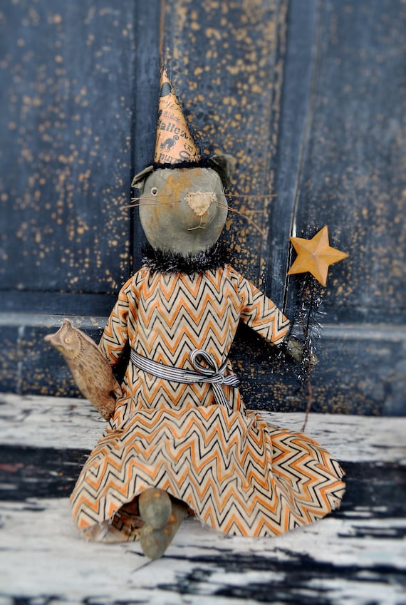 Primitive Gray Cat with Owl and Rusty Star