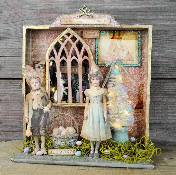 NEW! OOAK Lighted Primitive Easter Vignette Box