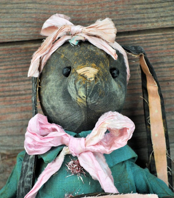 NEW! Primitive Black Bunny "Maddie" with Small Bunny in Watering Can