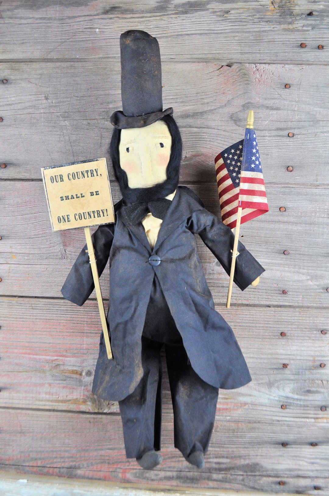 REDUCED! Primitive Abe With Sign and Flag - Etsy