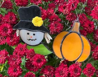 Stainedglass Scarecrow plant stake & pumpkin suncatcher