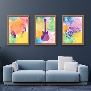 Colorful Music Wall Art Set – Boombox, Guitar, and Headphones | Printable Retro Music Decor | Instant Digital Download