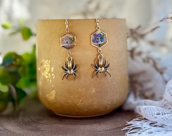 Gold Spider Earrings with Real Dried Flowers | Handmade Resin Jewelry