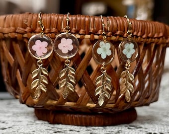 Gold Leaf Charm Earrings With Real Flower