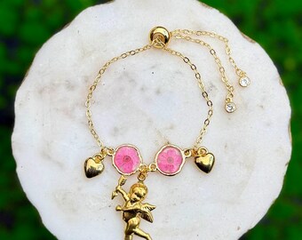 Cupid and Love Hearts Handmade gold charm bracelets with Real Dried Pressed Flowers. Witchy Gift. Gift For Her