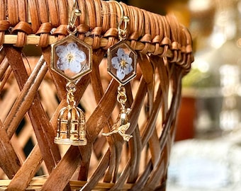 Bird and Bird Cage Earrings With Real Flowers