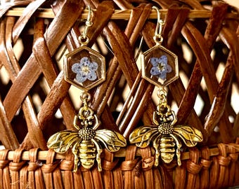 Gold Bee Earrings with Real Flowers
