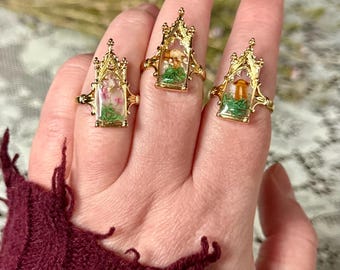Mushroom Cathedral Gold Ring with Real Moss and Dried Pressed Flowers. Witchy Gift