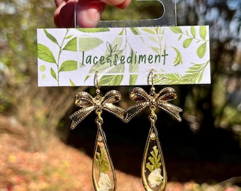 Golden Bow Teardrop Earrings with real flower