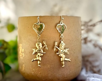 Gold Cupid Heart Earrings with Real Pressed Flowers | Witchy Jewelry | Romantic Boho Earrings | Nature Lover Gift | Valentines Jewelry