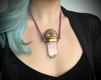 DISCOUNTED ITEM / Ammonite Aura Quartz Necklace, Fossil Necklace, Crystal Pendant, Pisces Birthstone Jewelry