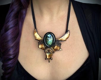 Labradorite Sheep Vertebrae Statement Necklace, Crystal Bone Necklace, Witchy Gothic Tribal Jewellery