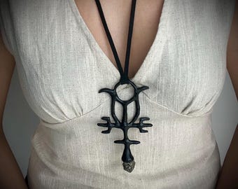 Pyrite Talisman Necklace, Black Statement Necklace, Crystal Amulet, Shamanic Tribal Jewellery