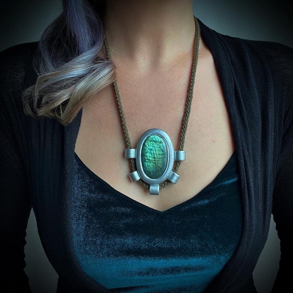 Labradorite Statement Necklace , Cyberpunk Fantasy Jewelry , Moonstone Crystal Talisman, Green Gemstone Pendant, Witchy Boho Accessories