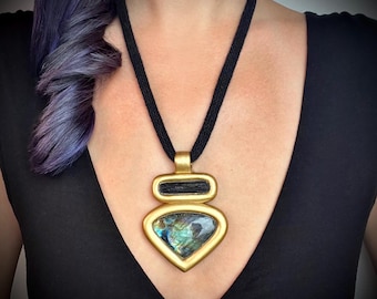 Labradorite Crystal Necklace , Black Tourmaline Gemstone Pendant , Statement Jewelry, Boho Showstopper Accessories