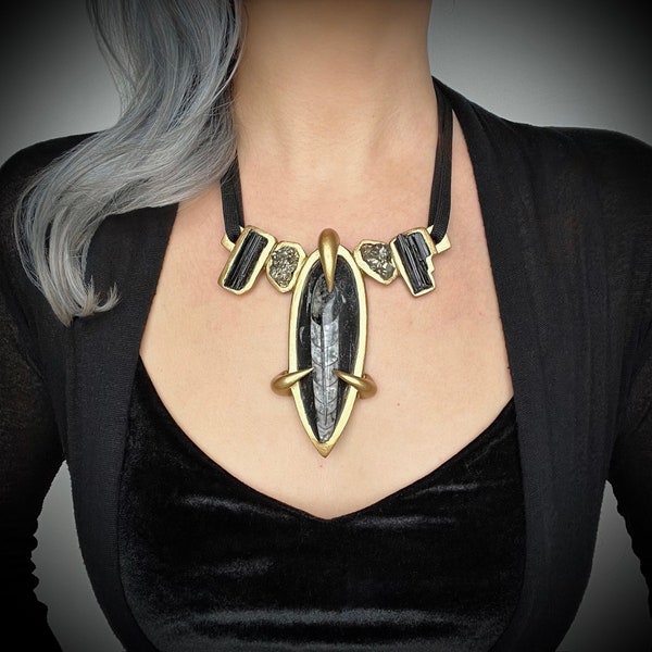 Orthoceras Fossil Necklace, Pyrite and Black Tourmaline Crystal Statement Necklace, Art Jewelry, Talismanic Avantgarde Jewellery