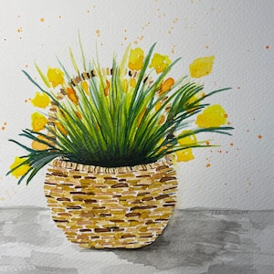 Basket of Yellow Flowers, watercolor, giclee prints, original artwork, original art, floral design, flowers, yellow and green, wall art