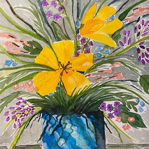 Flowers Galore, floral art, flowers, wall art, watercolor, original design, giclee prints, yellow, purple, blue, green