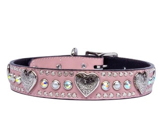 Collar de perro de cuero, collar de perro personalizado, collar de perro de cristal, collar de perro de perlas, collar con tachuelas, corazón de desgaste de tejido, collar de perlas y cristales