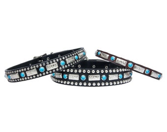 Leather Dog Collar, Personalized Dog Collar, Engraved Dog Collar, Studded Dog Collar, Woof Wear Square Turquoise Collar